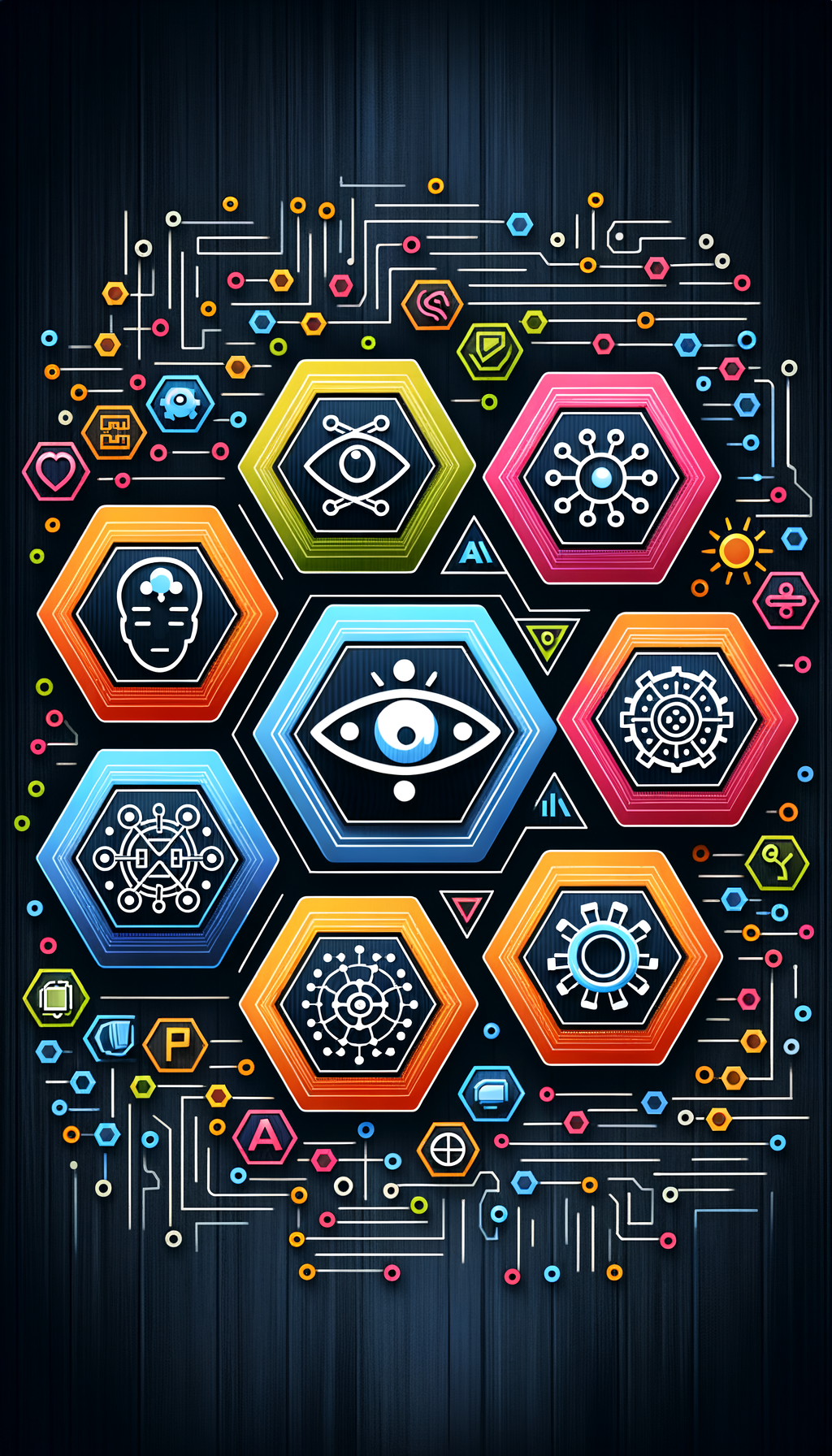 Ein Bild für den Workshop "Einführung in die Künstliche Intelligenz". Es soll Symbolisch die 6 Verschiedene Anwendungen von KI Tools in 6 unterschiedlich farbigen Hexagons darstellen